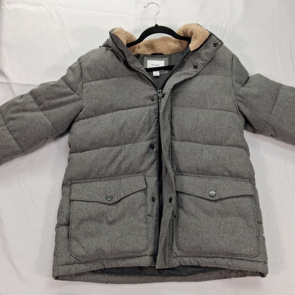 Old Navy Puffer Parka Mens Small Grey Sherpa Lined Hooded Heavyweight EUC